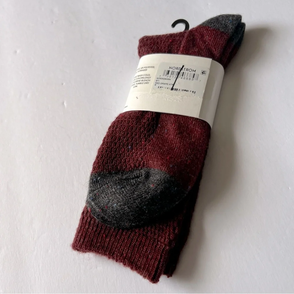 NORDSTROM MENS CREW SOCKS ACRYLIC/WOOL BLEND RED GRAPE HEATHER OS NWT
